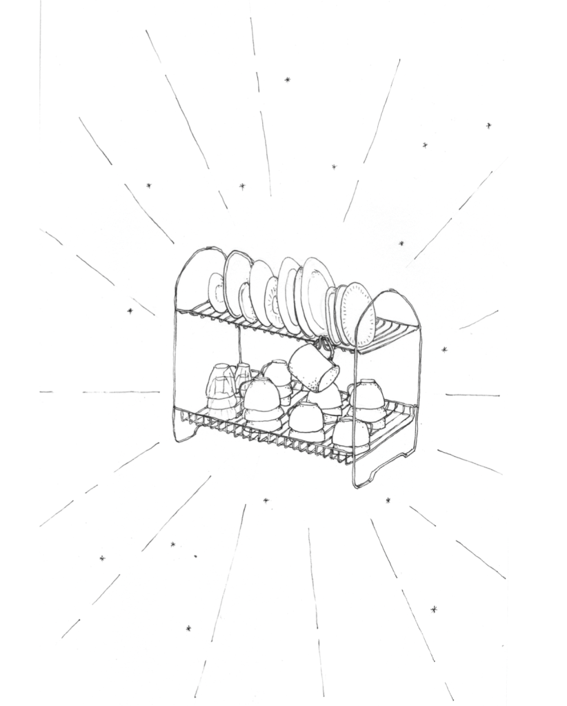 A drawing of a dishrack full of clean dishes with lines indicating sparkling cleanliness and joy raidiating from them